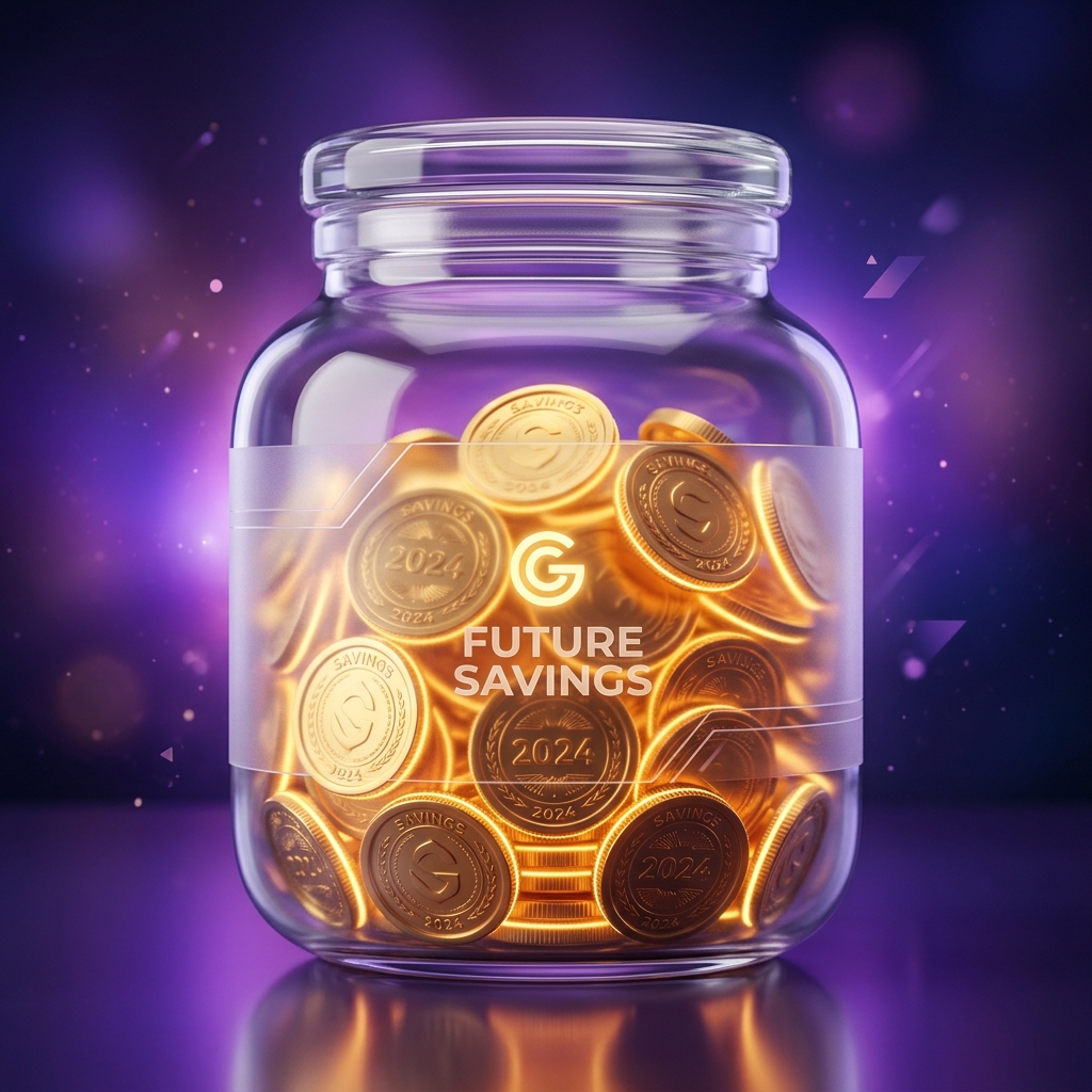 3D interactive glass savings jar filled with shiny coins
